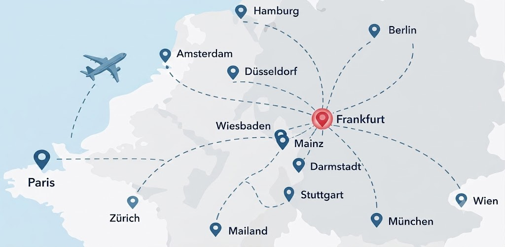 Reisekarte Europa mit Flugrouten ab Frankfurt