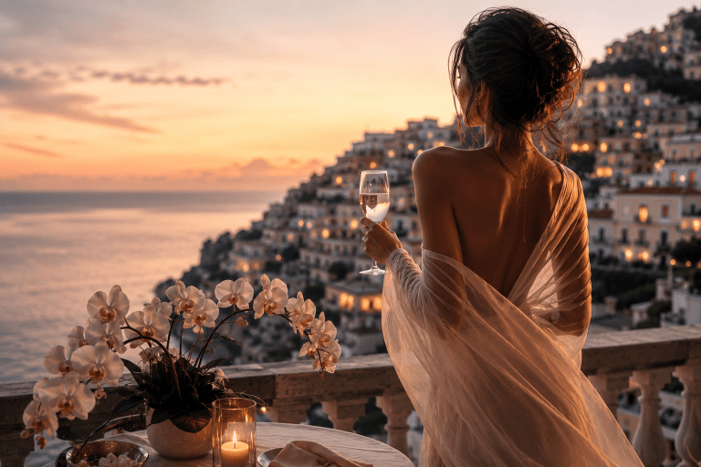 Elegante Frau auf mediterraner Terrasse bei Sonnenuntergang während einer luxuriösen High Class Travel Escort Reise in Europa